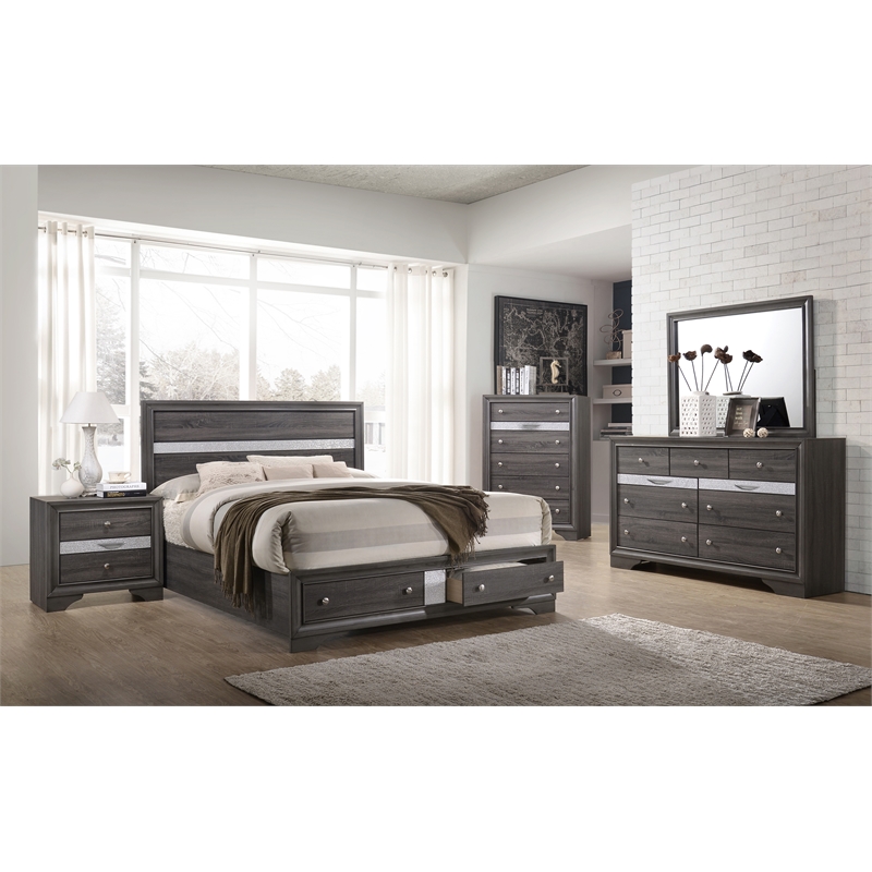 Matrix Traditional Style Queen 5 PC Storage Bedroom Set in Gray made with Wood