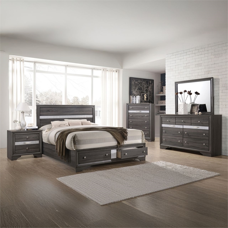 Matrix Traditional Style King 5 PC Storage Bedroom set in Gray made with Wood