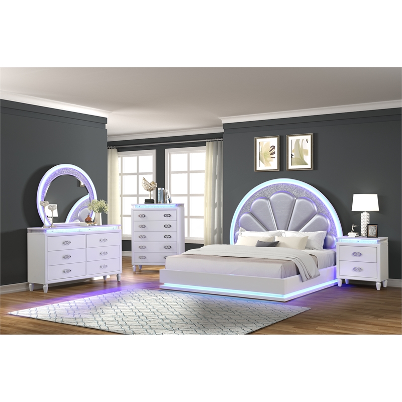 Perla LED King Size Bed Made with Wood in Milky White