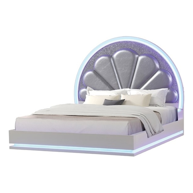 Perla LED King Size Bed Made with Wood in Milky White