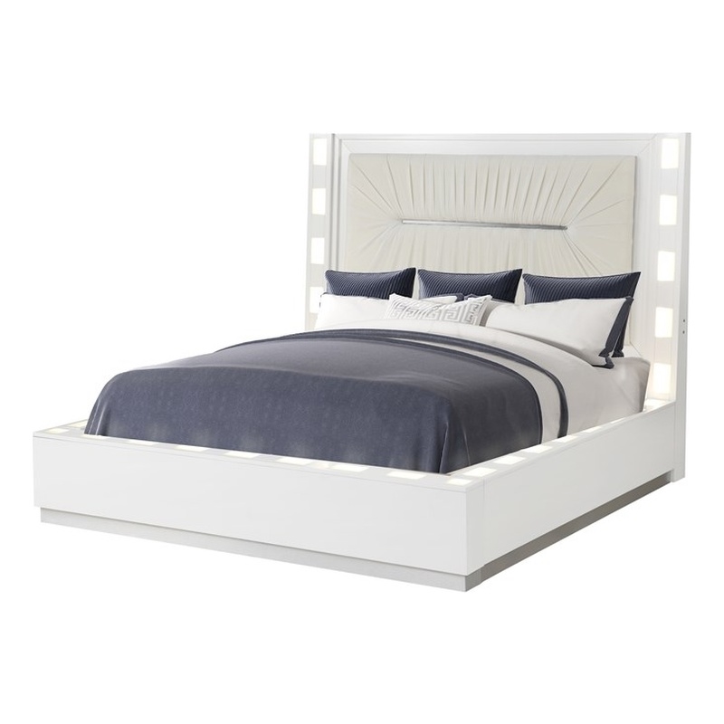 Coco LED King Size Bed Made with Wood in Milky White