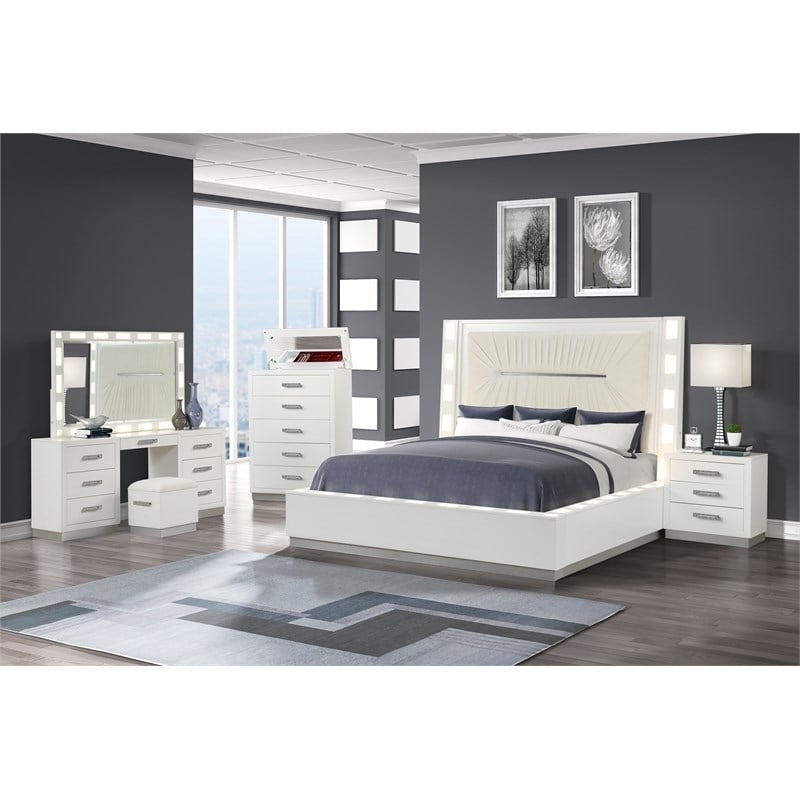 Coco 5-Drawer Modern Wood Chest with Mirror in White