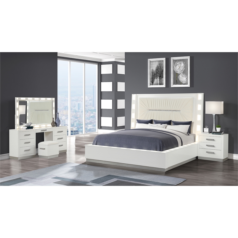 Coco Queen 4 Pc Vanity LED Bedroom Set Made with Wood in Milky White