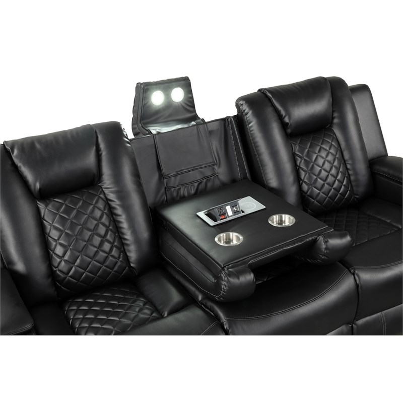 Benz LED & Power Recliner 3 PC Made With Faux Leather in Black