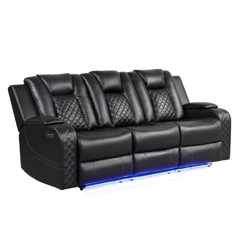 Benz LED & Power Recliner 3 PC Made With Faux Leather in Black