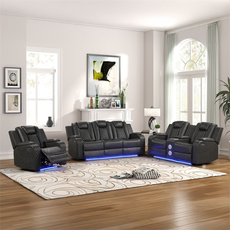 Benz LED & Power Recliner 3 PC Made With Faux Leather in Gray