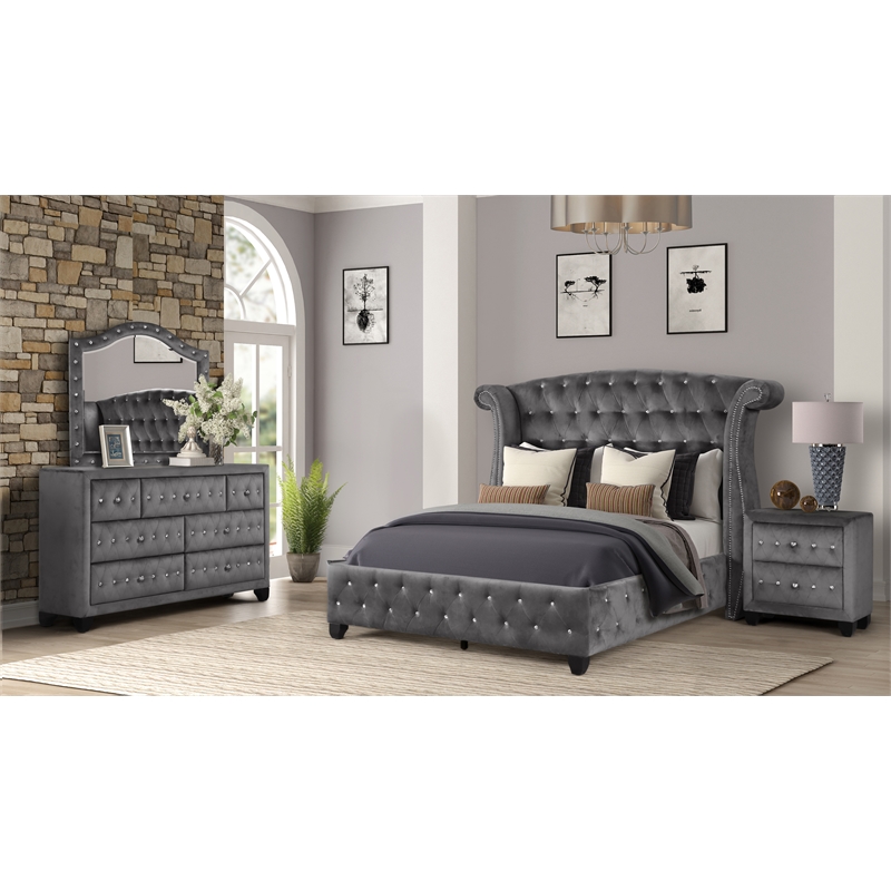Sophia Full 4 Pc Bedroom Set In Color Gray Made With Wood