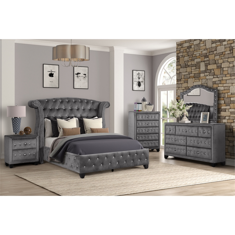 Sophia Full 5 Pc Upholstery Bedroom Set Made With Wood in Gray