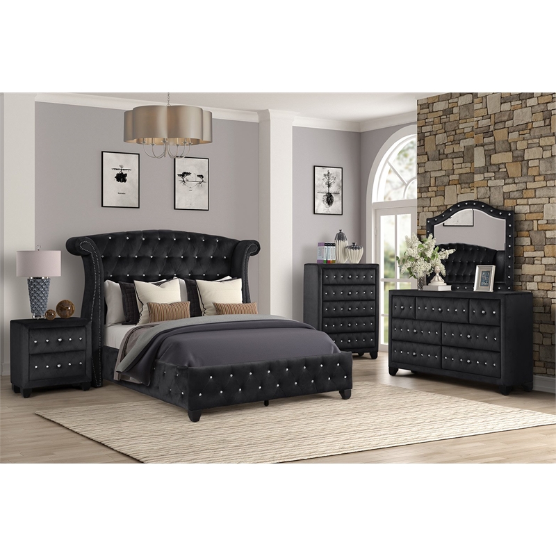 Sophia Full 5 Pc Upholstery Bedroom Set Made With Wood in Black