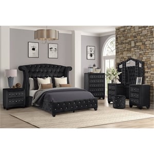 Sophia King 5 Pc Vanity upholstery Bedroom Set Made With Wood in Black