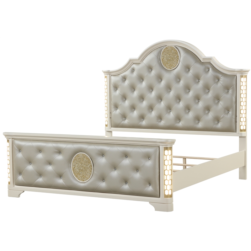 Jasmine King Size Tufted Upholstery & LED Bed made with Wood in Beige