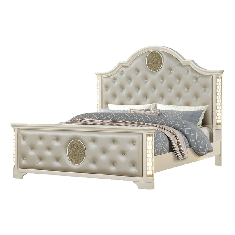Jasmine King Size Tufted Upholstery & LED Bed made with Wood in Beige