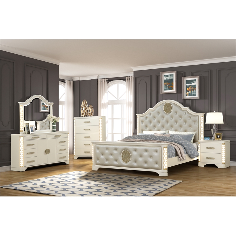 Jasmine King Size Tufted Upholstery & LED Bed made with Wood in Beige