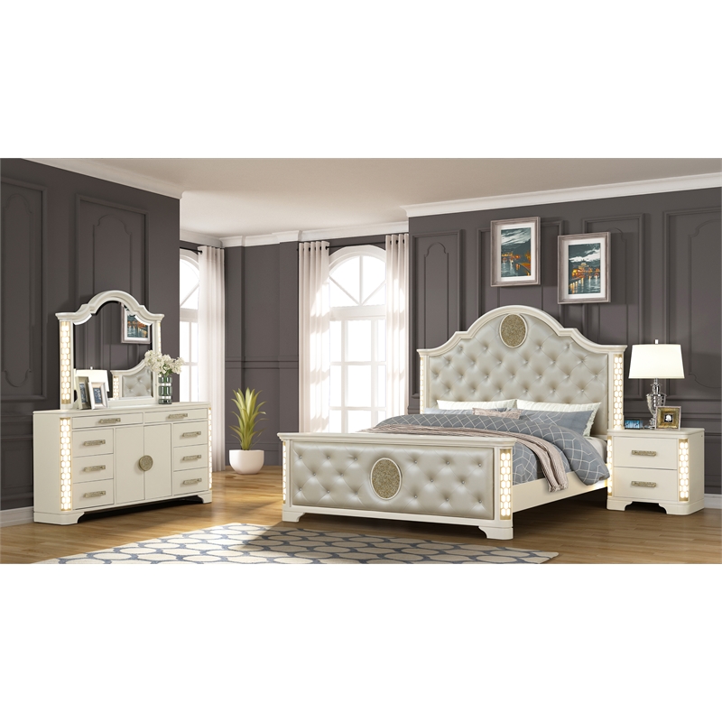 Jasmine Queen 4 Pc Unique LED Bedroom Set made with Wood in Beige
