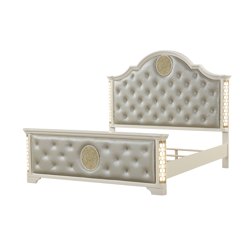 Jasmine Queen 5 Pc Unique LED Bedroom Set made with Wood in Beige