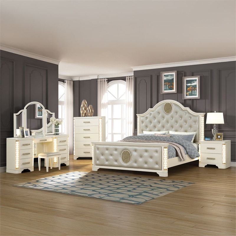 Jasmine King 5 Pc Unique LED Vanity Bedroom Set made With Wood in Beige