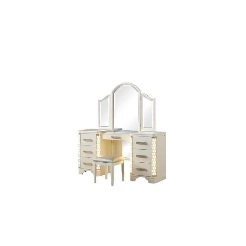 Jasmine Queen 4 Pc Unique LED Vanity Bedroom Set made with Wood in Beige