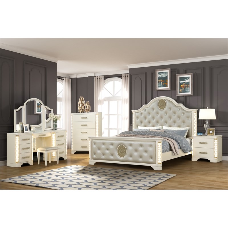 Jasmine Queen 5 Pc Unique LED Vanity Bedroom Set made with Wood in Beige