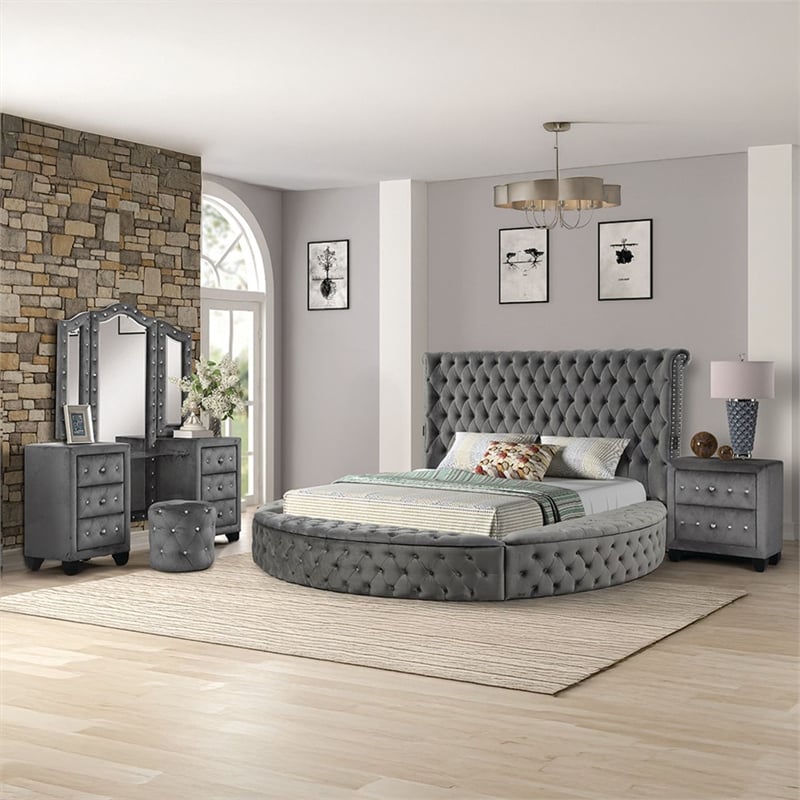Hazel Modern Style 4-Piece King Vanity Bedroom Set made with Wood in Gray