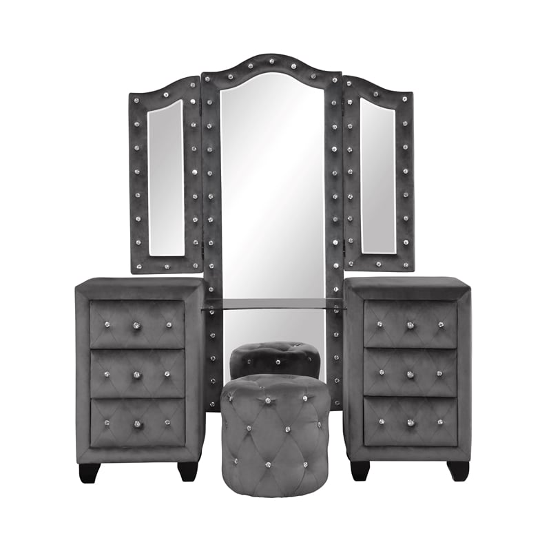 Hazel Modern Style 4-Piece King Vanity Bedroom Set made with Wood in Gray