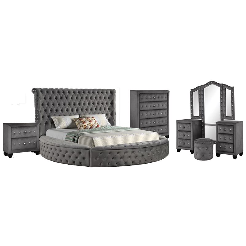 Hazel Modern Style 5-Piece King Vanity Bedroom Set made with Wood in Gray