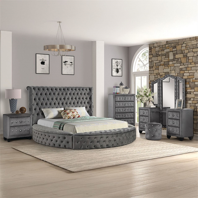 Hazel Modern Style 5-Piece King Vanity Bedroom Set made with Wood in Gray