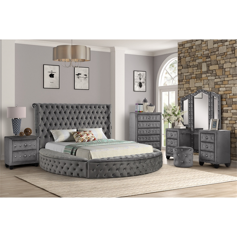 Hazel Modern Style 5-Piece King Vanity Bedroom Set made with Wood in Gray