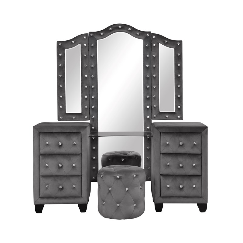 Hazel Modern Style 4-Piece Queen Vanity Bedroom Set made with Wood in Gray