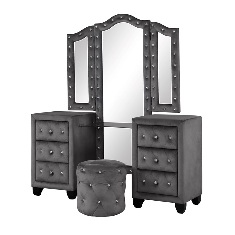 Hazel Modern Style 4-Piece Queen Vanity Bedroom Set made with Wood in Gray