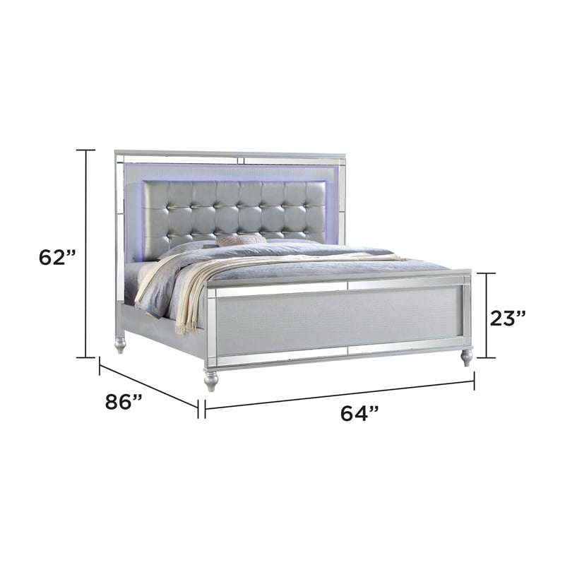 Sterling Queen Size Upholstered LED Bed made with wood in Silver Color