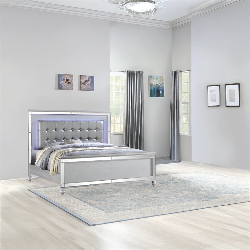 Sterling Queen Size Upholstered LED Bed made with wood in Silver Color