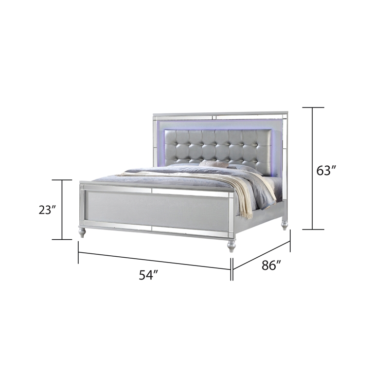 Sterling Full Size Upholstered LED Bed made with wood in Silver Color