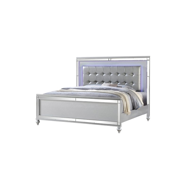 Sterling Full Size Upholstered LED Bed made with wood in Silver Color