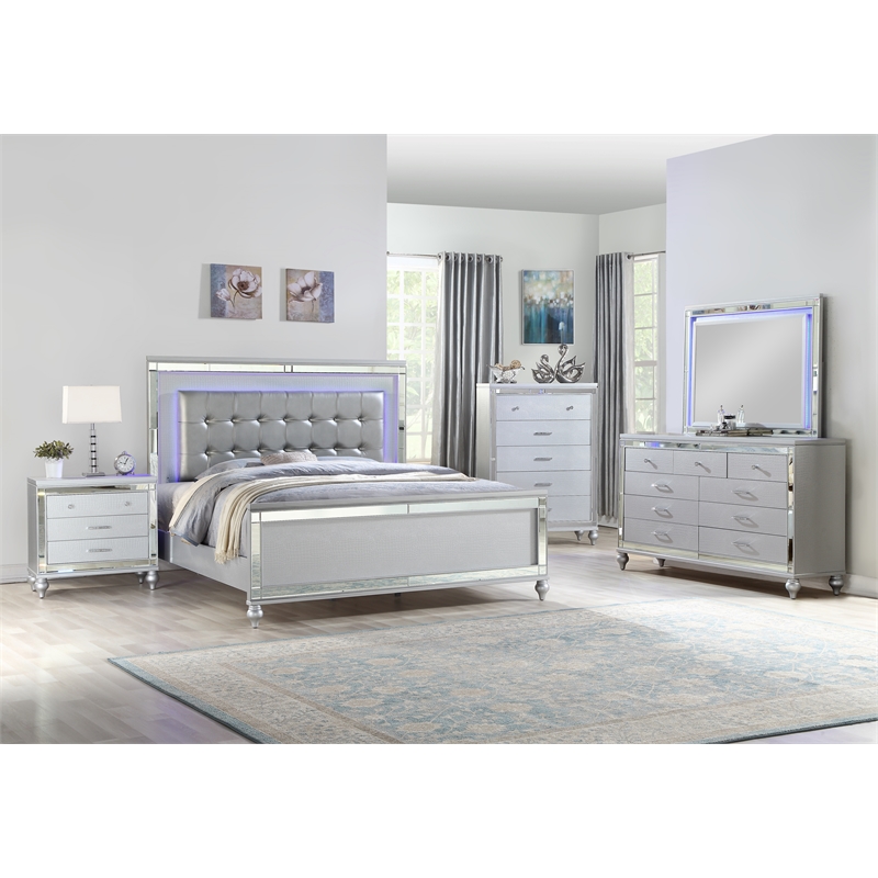 Sterling Full 5 PC LED Bedroom set made with wood in Silver Color