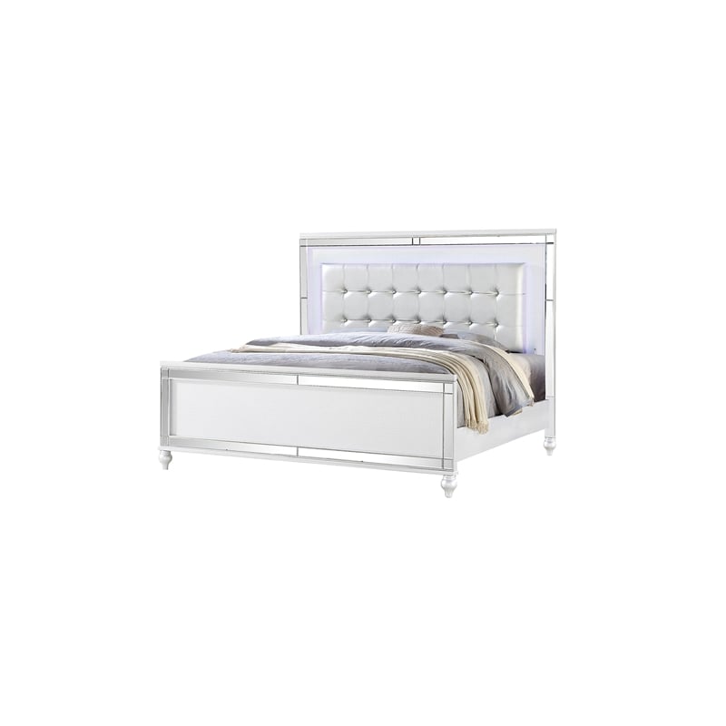 Sterling Queen Size Upholstered LED Bed made with wood in White Color
