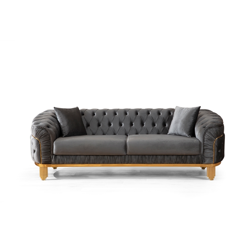 Vanessa 3 Piece Living Room Set Made With Velvet Upholstery in Gray