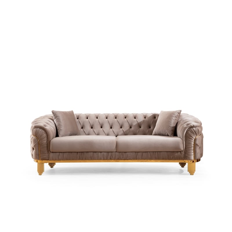 Vanessa 3 Piece Living Room Set Finished with Velvet Upholstery in Taupe