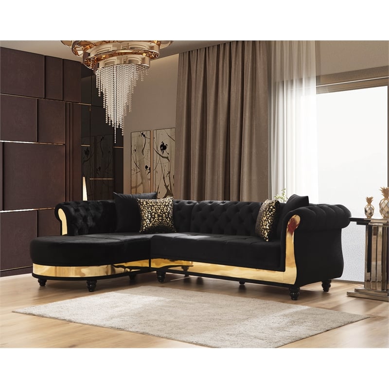 Julia Gold Detailed Tufted Upholstery Sectional made with Wood In Black