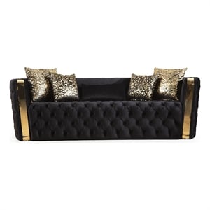Naomi Button Tufted Sofa Finished with Velvet Fabric and Gold Accent in Black