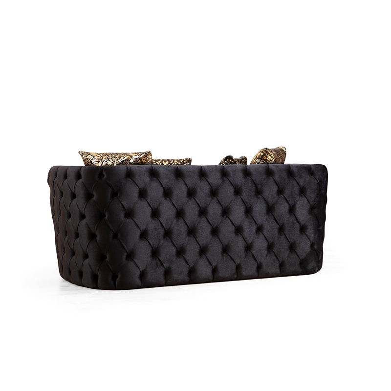 Naomi Button Tufted Loveseat with Velvet Fabric and Gold Accent in Black
