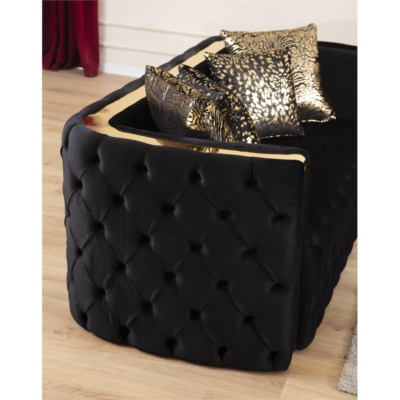 Naomi Button Tufted 3 Pc Sofa Set with Velvet Fabric and Gold Accent in Black