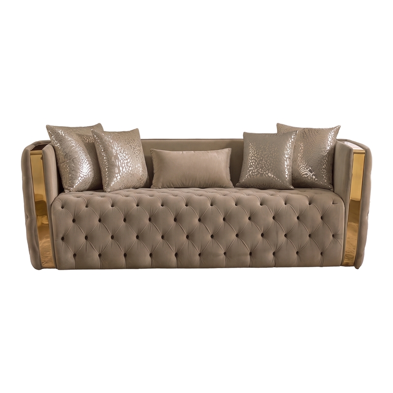 Naomi Button Tufted Sofa with Velvet Fabric and Gold Accent in Taupe