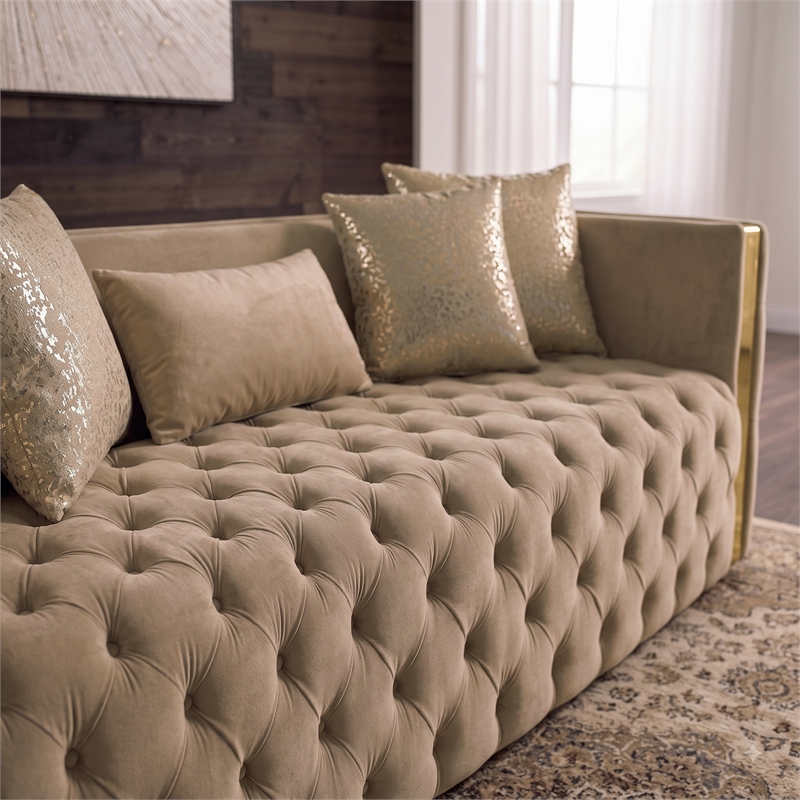 Naomi Button Tufted Sofa with Velvet Fabric and Gold Accent in Taupe