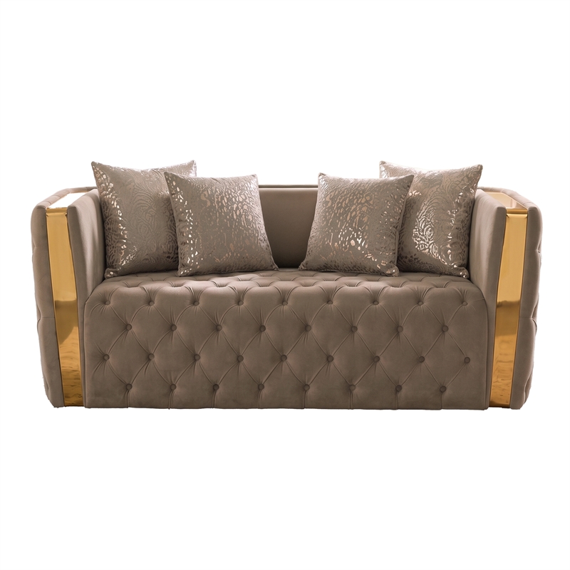Naomi Button Tufted Loveseat with Velvet Fabric and Gold Accent in Taupe