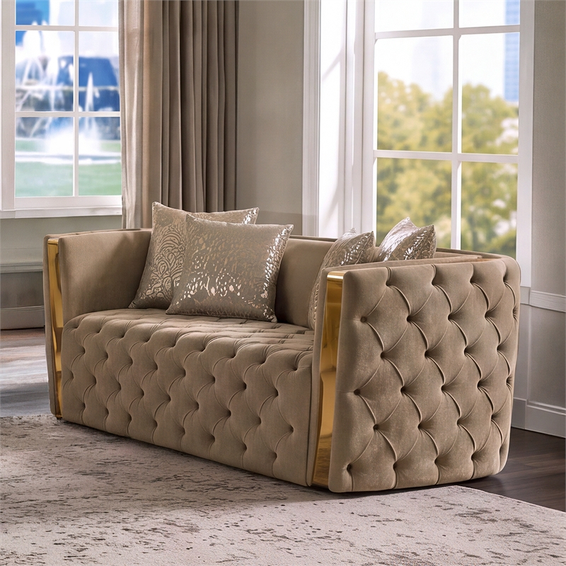 Naomi Button Tufted Loveseat with Velvet Fabric and Gold Accent in Taupe