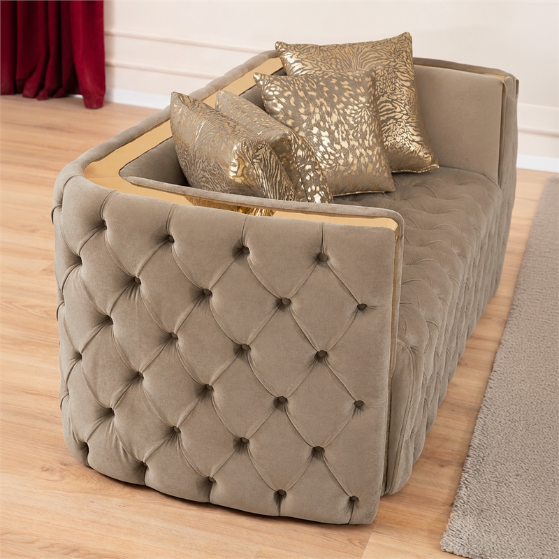 Naomi Button Tufted Loveseat with Velvet Fabric and Gold Accent in Taupe