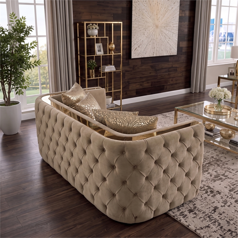 Naomi Button Tufted Loveseat with Velvet Fabric and Gold Accent in Taupe