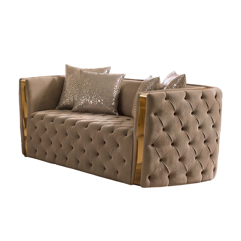 Naomi Button Tufted Loveseat with Velvet Fabric and Gold Accent in Taupe