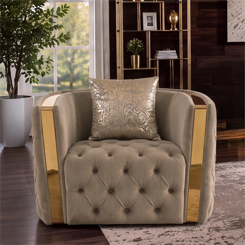Naomi Button Tufted Chair with Velvet Fabric and Gold Accent in Taupe