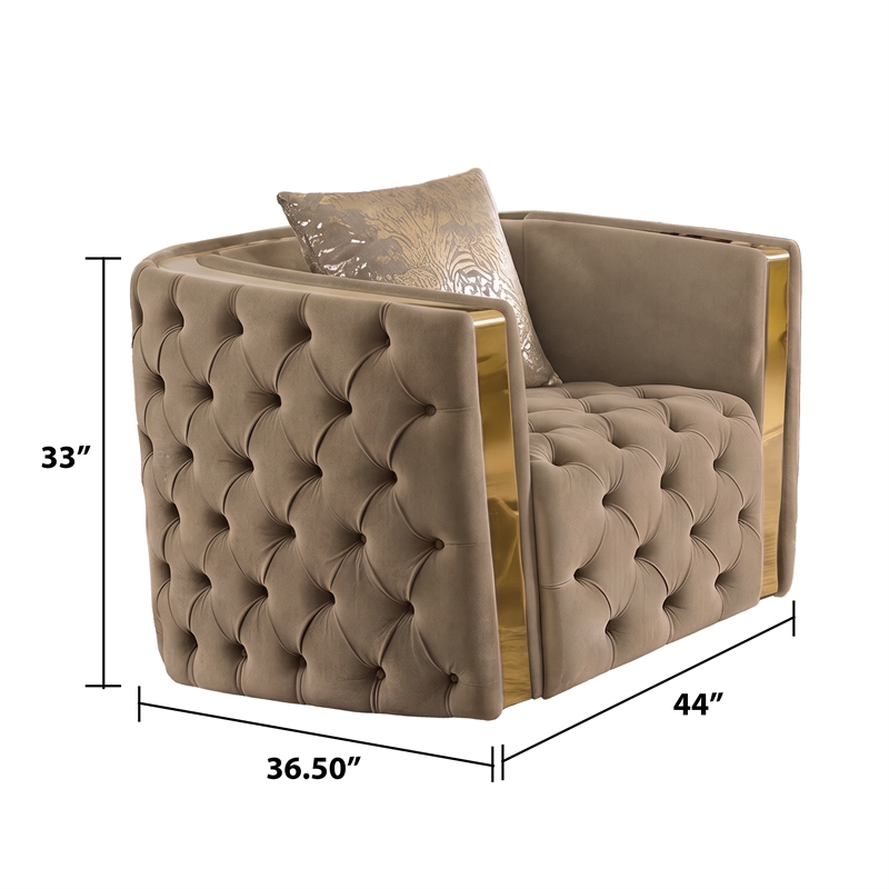 Naomi Button Tufted Chair with Velvet Fabric and Gold Accent in Taupe
